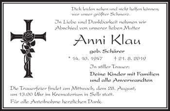 Traueranzeige von Anni Klau von Frankenpost
