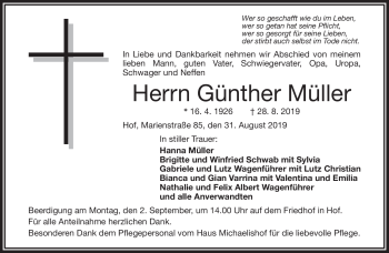 Traueranzeige von Günther Müller von Frankenpost