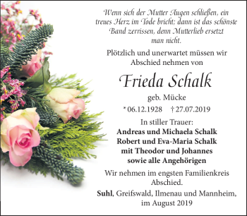 Traueranzeige von Frieda Schalk von Südthüringer Presse