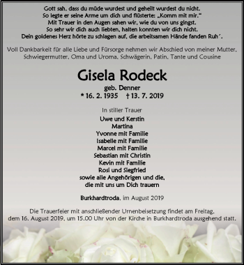 Traueranzeige von Gisela Rodeck von Südthüringer Presse