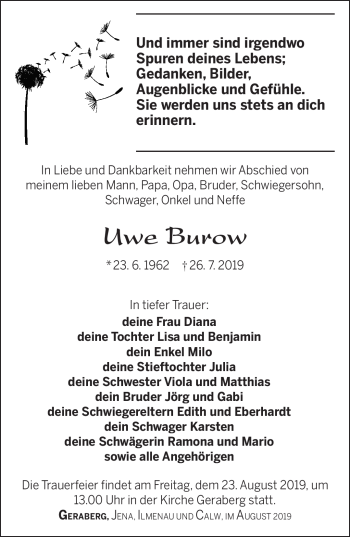 Traueranzeige von Uwe Burow von Südthüringer Presse