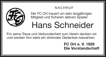 Traueranzeige von Hans Schneider von Frankenpost
