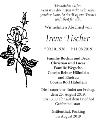 Traueranzeige von Irene Fischer von Südthüringer Presse