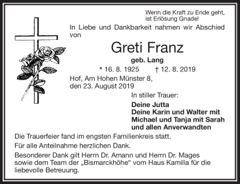 Traueranzeige von Greti Franz von Frankenpost