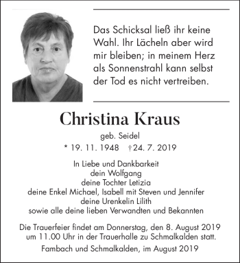 Traueranzeige von Christina Kraus von Südthüringer Presse