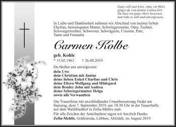 Traueranzeige von Carmen Kolbe von Südthüringer Presse