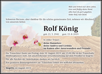 Traueranzeige von Rolf König von Südthüringer Presse