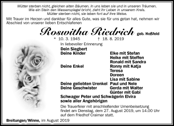 Traueranzeige von Roswitha Riedrich von Südthüringer Presse