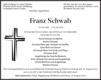 Traueranzeige von Franz Schwab von Südthüringer Presse