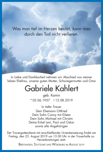 Traueranzeige von Gabreiele Kahlert von Südthüringer Presse