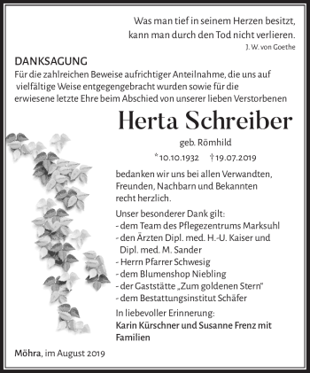 Traueranzeige von Herta Schreiber von Südthüringer Presse