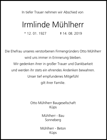 Traueranzeige von Irmlinde Mühlherr von Neue Presse Coburg