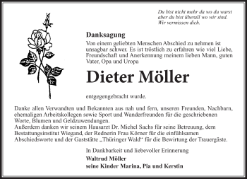 Traueranzeige von Dieter Möller von Südthüringer Presse