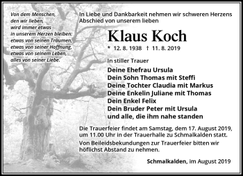Traueranzeige von Klaus Koch von Südthüringer Presse