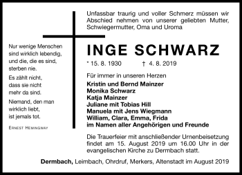 Traueranzeige von Inge Schwarz von Südthüringer Presse