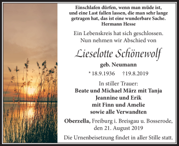 Traueranzeige von Lieselotte Schönewolf von Südthüringer Presse