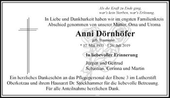 Traueranzeige von Anni Dörnhöfer von Frankenpost