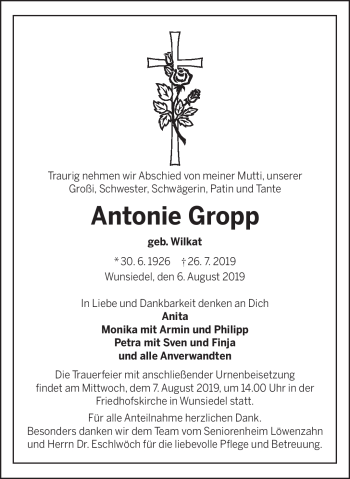Traueranzeige von Antonie Gropp von Frankenpost