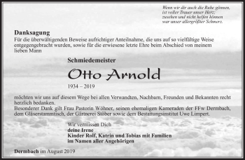 Traueranzeige von Otto Arnold von Südthüringer Presse