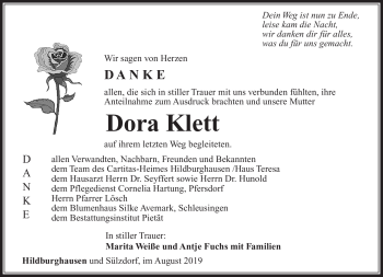 Traueranzeige von Dora Klett von Südthüringer Presse
