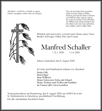 Traueranzeige von Manfred Schaller von Frankenpost