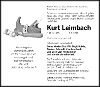 Traueranzeige von Kurt Leimbach von Südthüringer Presse
