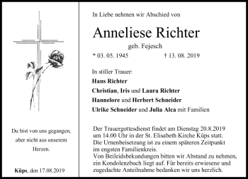 Traueranzeige von Anneliese Richter von Neue Presse Coburg