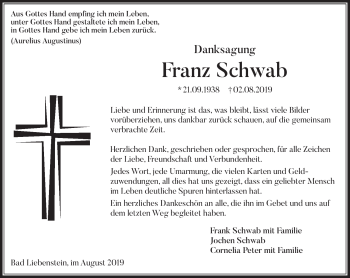 Traueranzeige von Franz Schwab von Südthüringer Presse