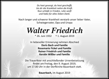 Traueranzeige von Walter friedrich von Südthüringer Presse