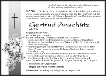 Traueranzeige von Gertrud Anschütz von Südthüringer Presse