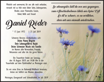 Traueranzeige von Daniel Röder von Südthüringer Presse