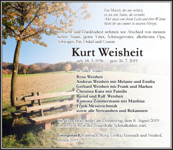 Traueranzeige von Kurt Weisheit von Südthüringer Presse