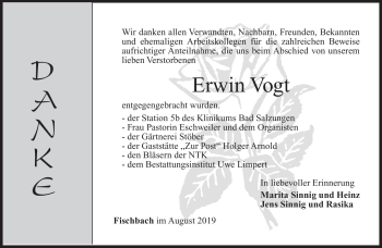 Traueranzeige von Erwin Vogt von Südthüringer Presse