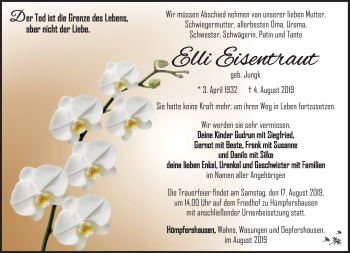 Traueranzeige von Elli Eisenkraut von Südthüringer Presse