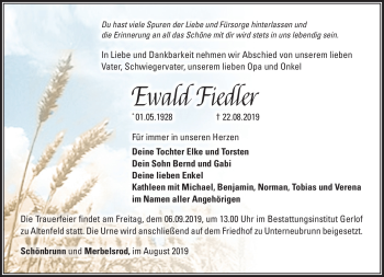 Traueranzeige von Ewald Fiedler von Südthüringer Presse