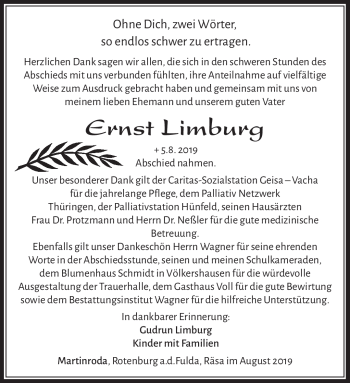 Traueranzeige von Ernst Limburg von Südthüringer Presse