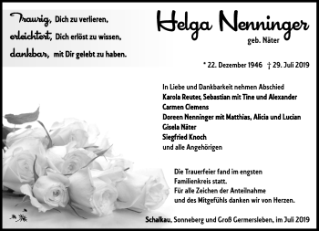 Traueranzeige von Helga Nenninger von Südthüringer Presse