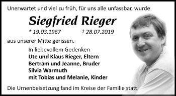Traueranzeige von Siegfried Rieger von Frankenpost