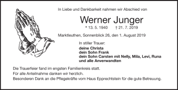Traueranzeige von Werner Junger von Frankenpost