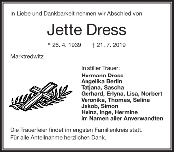 Traueranzeige von Jette Dress von Frankenpost