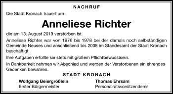 Traueranzeige von Anneliese Richter von Neue Presse Coburg