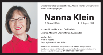 Traueranzeige von Nanna Klein von Neue Presse Coburg