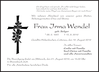 Traueranzeige von Irma Wendel von Frankenpost