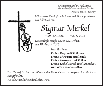 Traueranzeige von Sigmar Merkel von Frankenpost