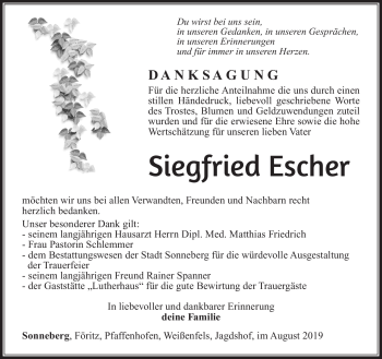 Traueranzeige von Siegfried Escher von Südthüringer Presse