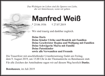 Traueranzeige von Manfred Weiß von Südthüringer Presse