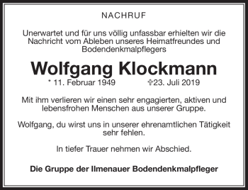 Traueranzeige von Wolfgang Klockmann von Südthüringer Presse