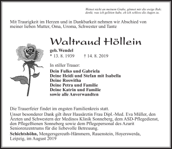 Traueranzeige von Waltraud Höllein von Südthüringer Presse