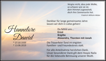 Traueranzeige von Hannelore Dawid von Frankenpost