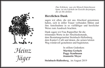 Traueranzeige von Heinz Jäger von Südthüringer Presse
